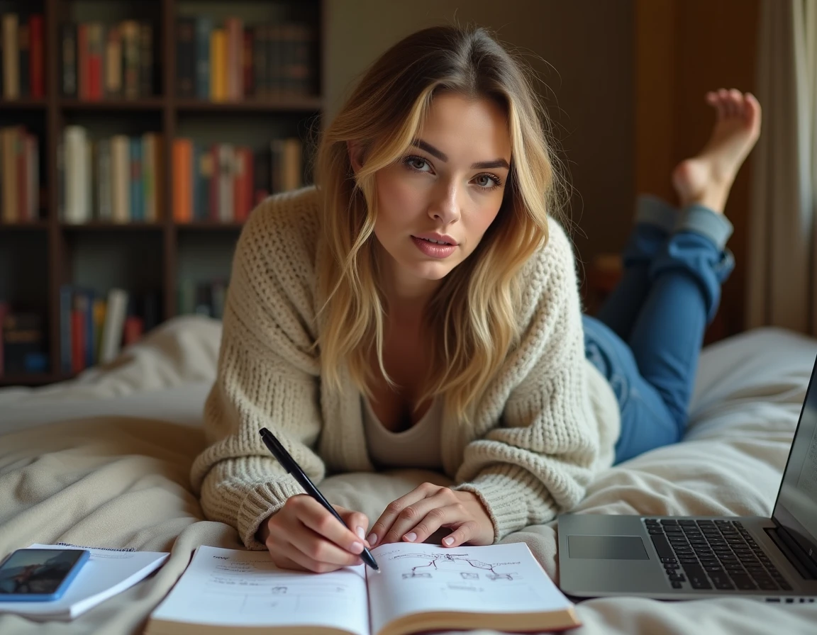 Joueuse prenant des notes stratégiques pour un RPG avec arbre de compétences sur cahier fait main