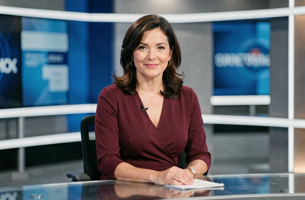 Journaliste française assise au bureau d'un studio de télévision moderne en robe bordeaux