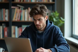 Jeune homme méfiant lisant un site web suspect sur son ordinateur portable entouré de mangas