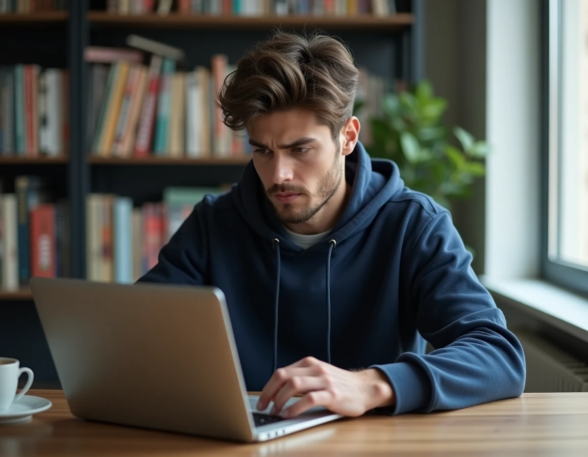 Jeune homme méfiant lisant un site web suspect sur son ordinateur portable entouré de mangas