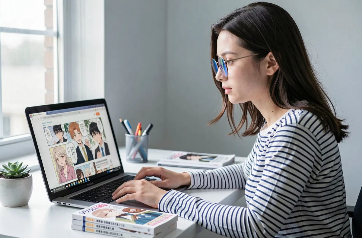 Jeune femme lisant des scans de yaoi en ligne sur un ordinateur portable dans un bureau à domicile organisé
