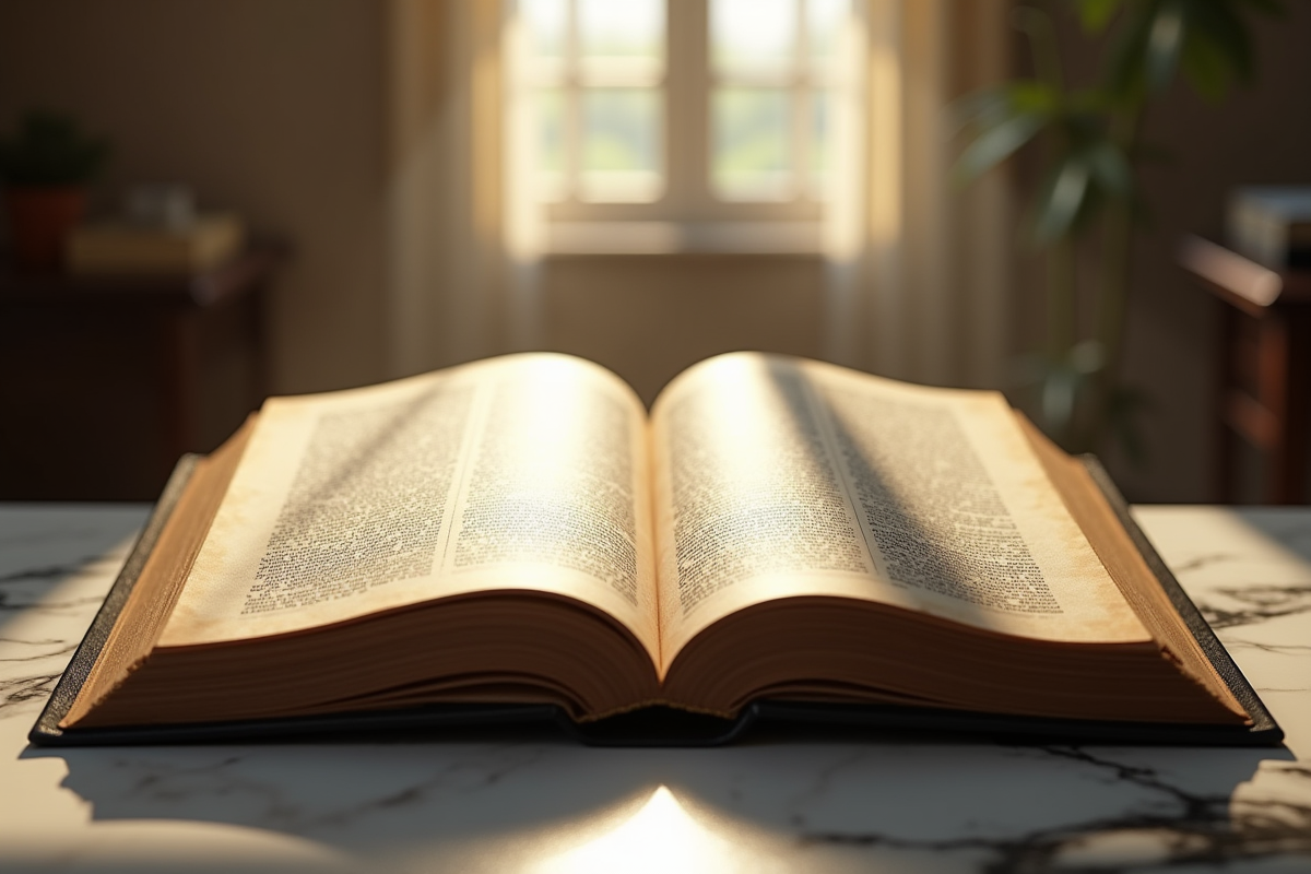 Ancien livre de droit ouvert sur une table en marbre