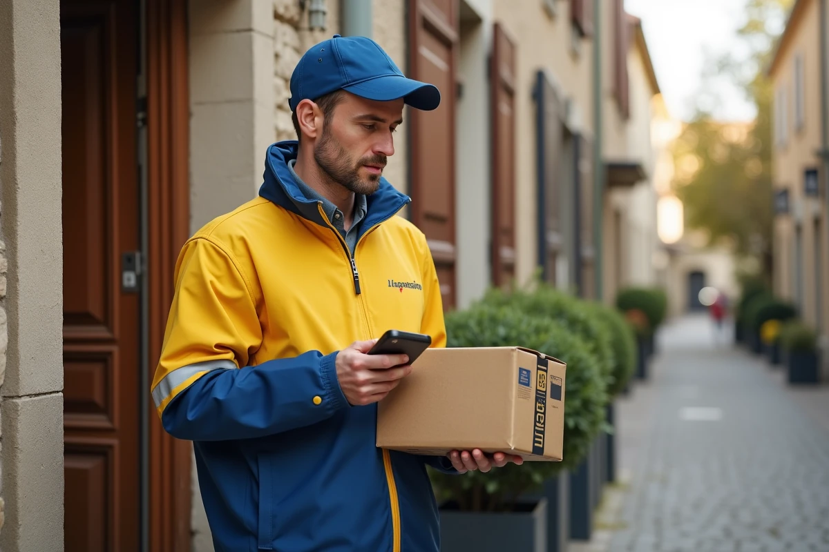 Livreur Colissimo en uniforme La Poste scannant un colis devant une maison résidentielle le samedi matin