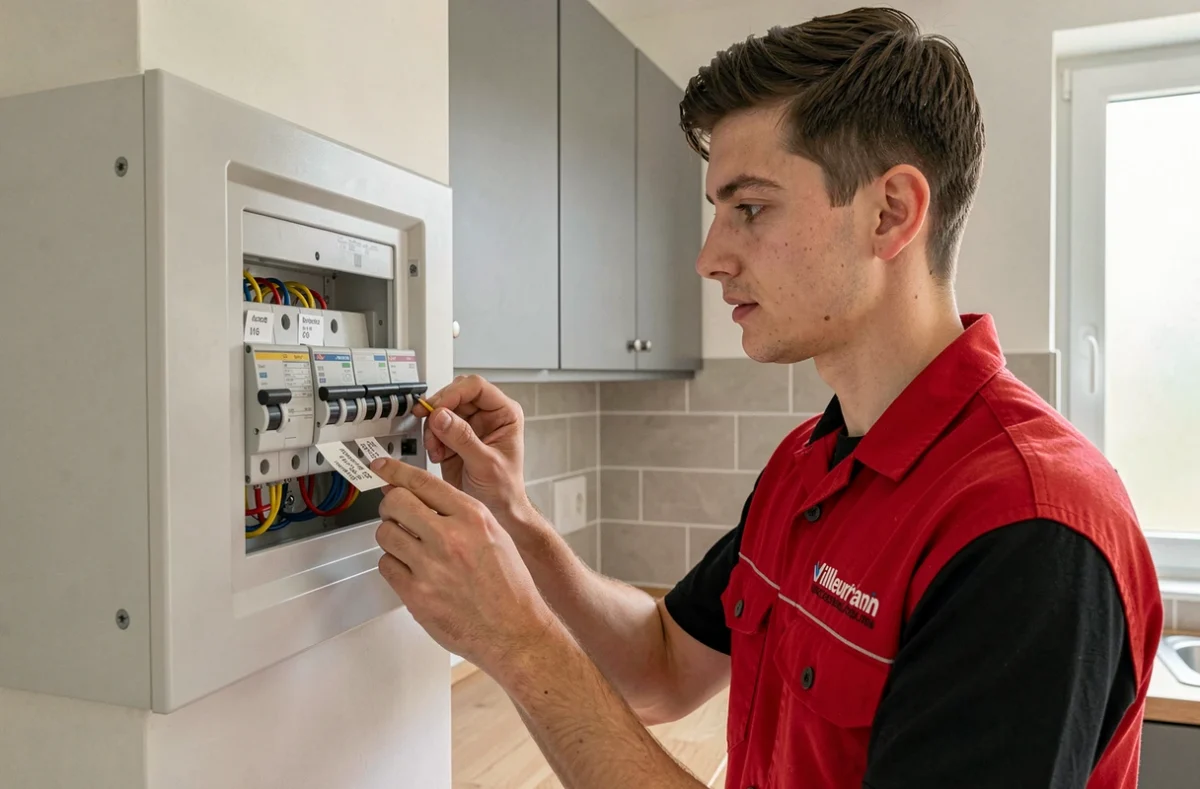 Électricien LR Électricité étiquetant les disjoncteurs d'un tableau neuf dans une cuisine rénovée à Villeurbanne