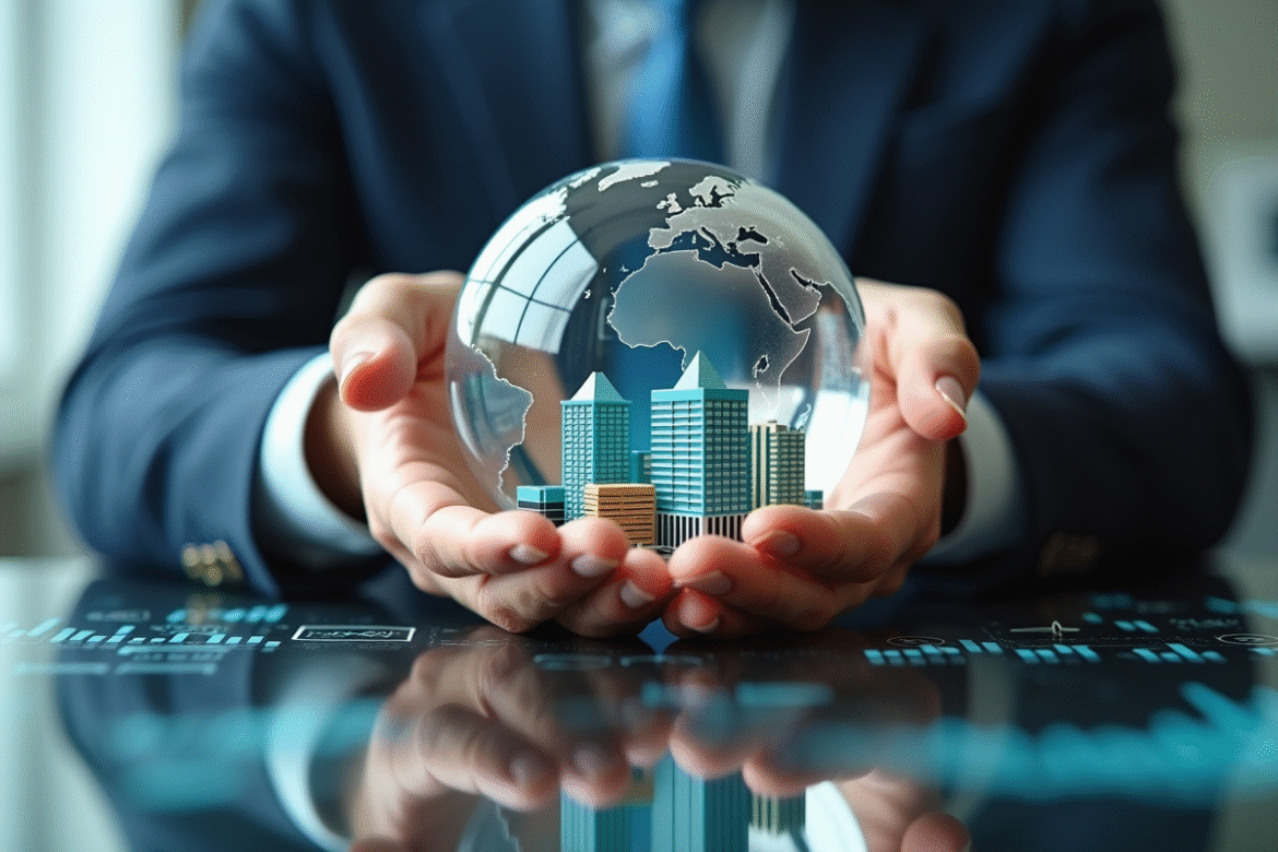 Mains tenant un globe avec bâtiments financiers et graphiques
