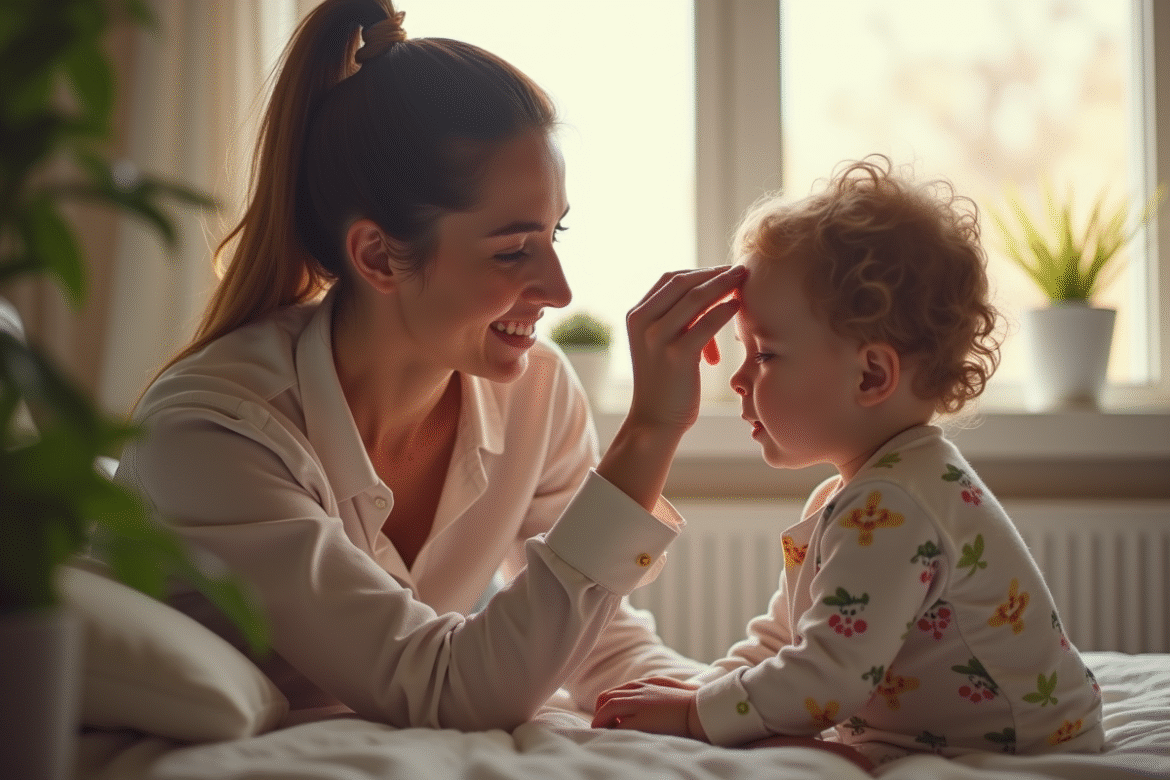 Maman vérifiant la fièvre de son enfant à la maison