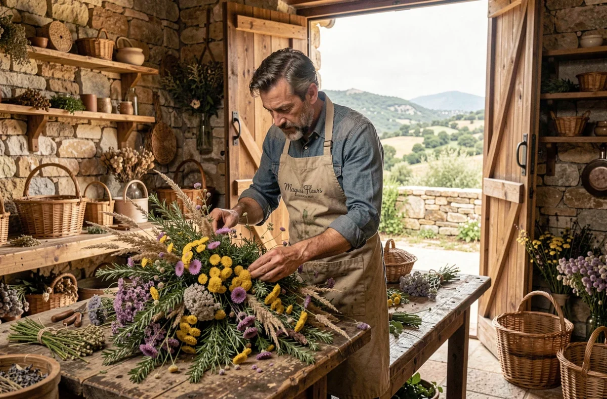 Fleuriste de Maquis Fleurs à Ghisonaccia composant un arrangement naturel avec des plantes du maquis corse dans un atelier rustique