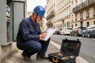 Électricien professionnel intervenant sur un tableau électrique dans une rue de Villeurbanne