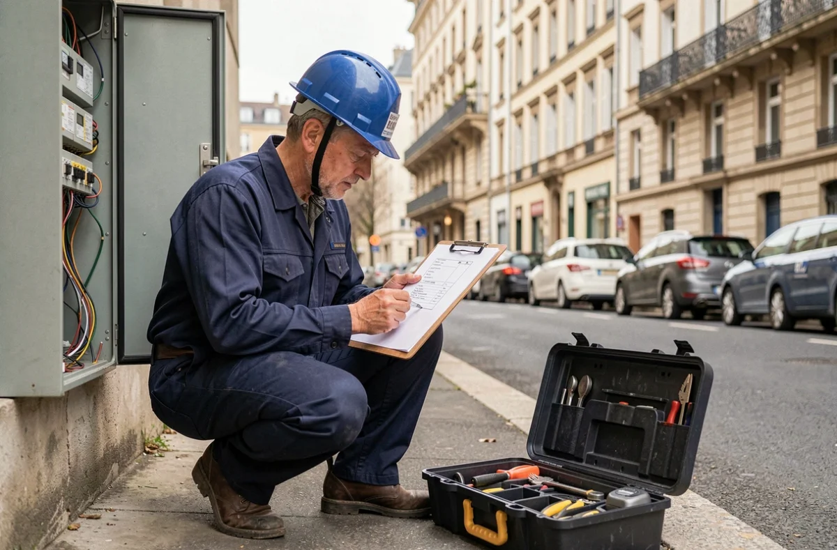 Électricien professionnel intervenant sur un tableau électrique dans une rue de Villeurbanne