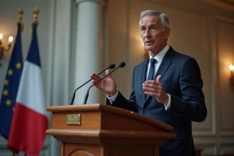Nouveau ministre des Transports 2026 prenant la parole lors d'une conférence de presse officielle dans un bâtiment gouvernemental français