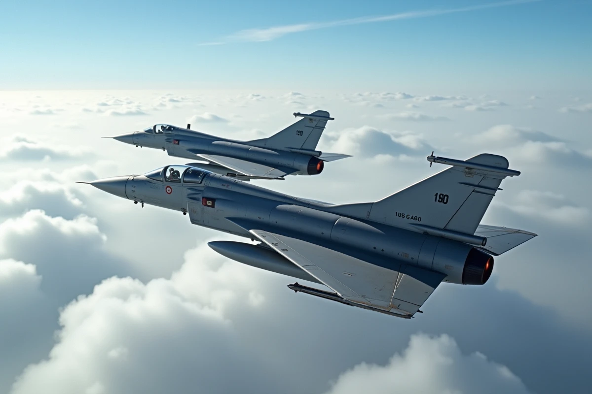 Deux Mirage 2000 en formation de vol photographiés depuis un avion accompagnateur, avec couverture nuageuse en arrière-plan