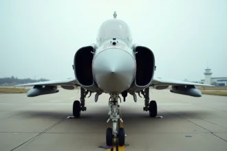 Mirage 2000 de l'Armée de l'air et de l'espace sur le tarmac d'une base militaire française, vue en contre-plongée trois quarts avant