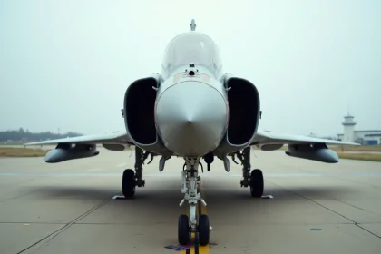 Mirage 2000 de l'Armée de l'air et de l'espace sur le tarmac d'une base militaire française, vue en contre-plongée trois quarts avant