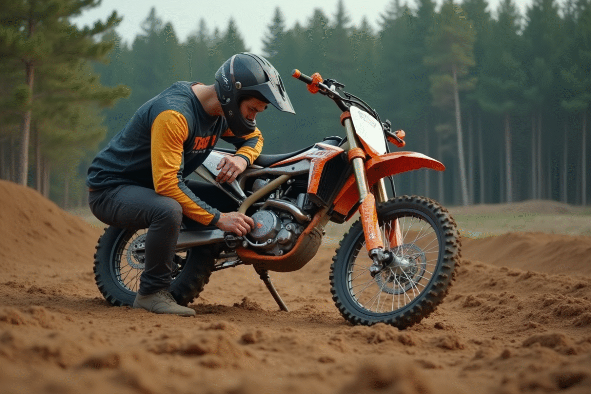 Jeune motocross homme inspectant la gomme en plein air