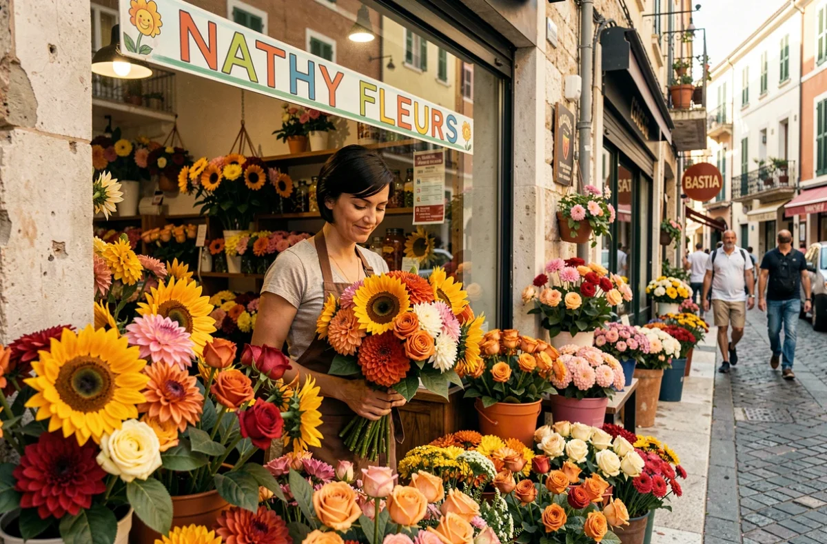 Fleuriste de Nathy Fleurs à Bastia composant un bouquet coloré dans une boutique animée en plein cœur de la ville