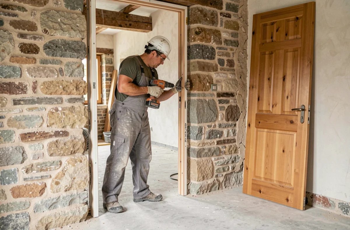 Ouvrier ODS Rénovation installant un nouveau cadre de porte dans une maison en rénovation dans l'Aube