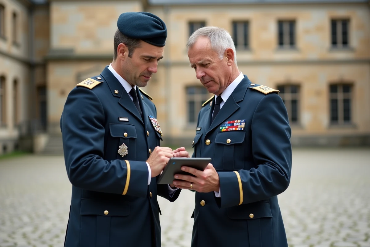 Deux officiers de l'armée de terre discutant de l'impact du PPCR 2026 sur la grille indiciaire dans une cour de caserne