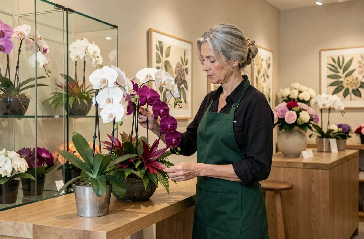 Fleuriste de L'Orchidée à Bastia arrangeant des orchidées rares dans une boutique florale élégante et raffinée