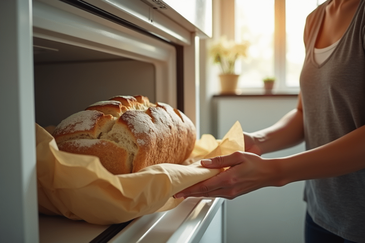 Pain rustique tranché placé dans un congélateur moderne
