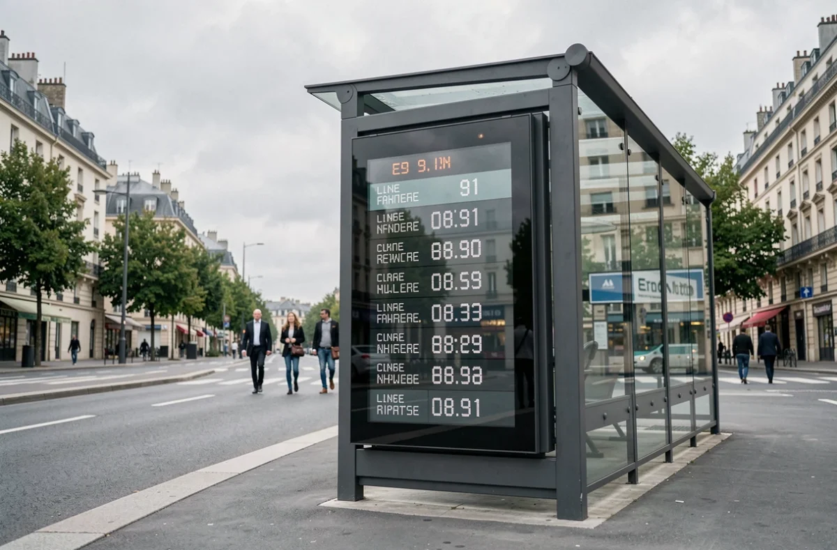 Panneau d'affichage en temps réel des horaires de bus dans un abribus moderne d'une ville française montrant la ligne 91