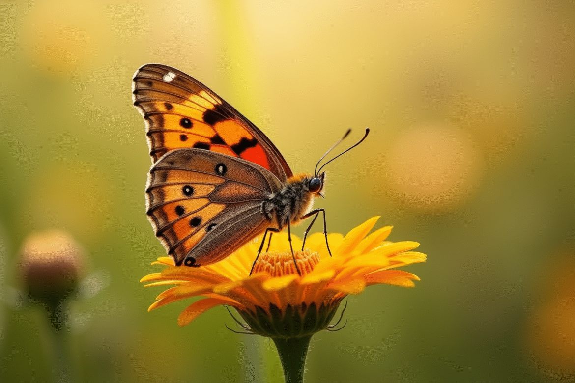 Papillon fritillaire posé sur une fleur sauvage en prairie