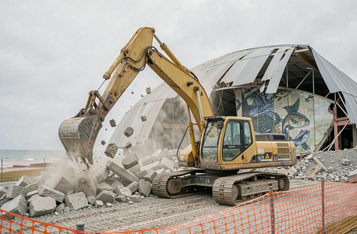 Pelleteuse hydraulique démolissant la façade de l'Aqualud au Touquet, béton armé s'effondrant dans un nuage de poussière sur le chantier côtier