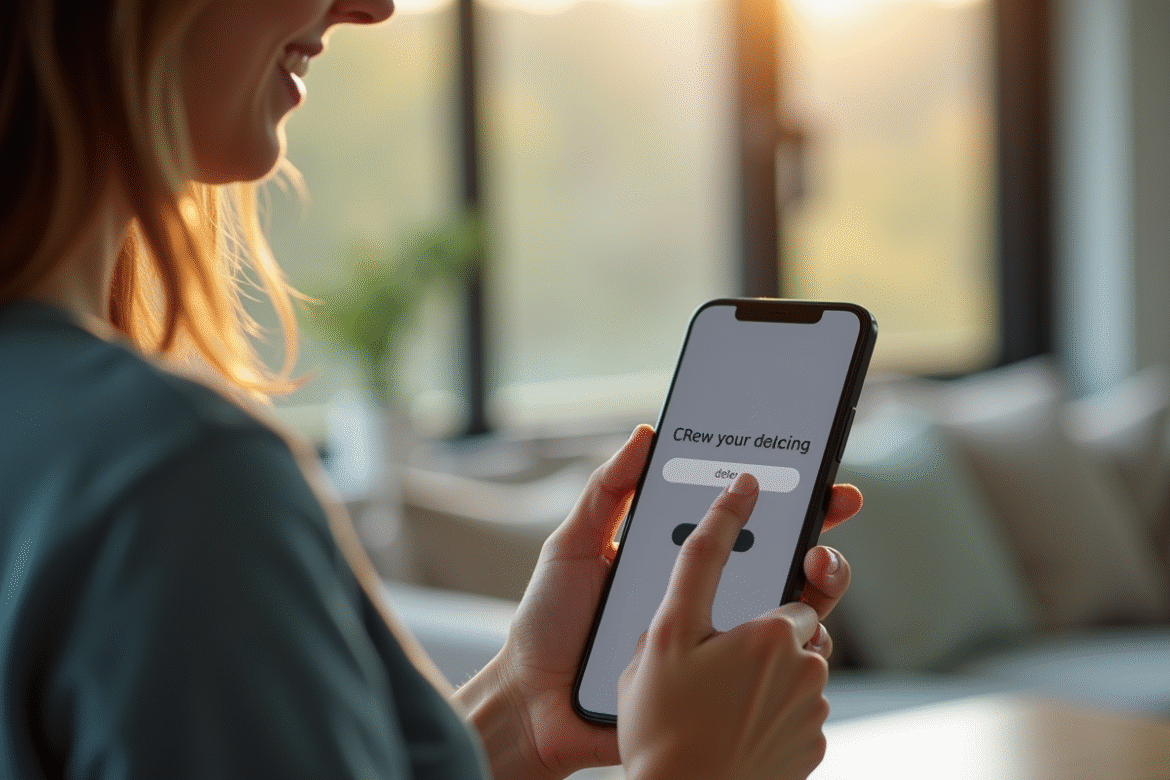 Personne souriante supprimant une application sur son smartphone