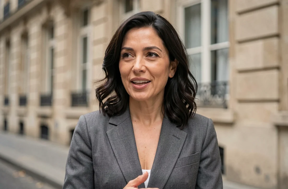 Personnalité médiatique française devant une façade parisienne en veste grise structurée