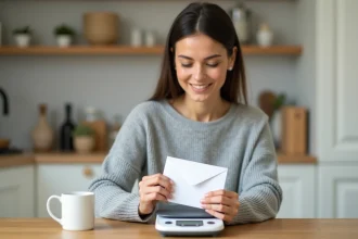 Femme pesant une enveloppe sur une balance postale avant d'acheter un timbre en ligne