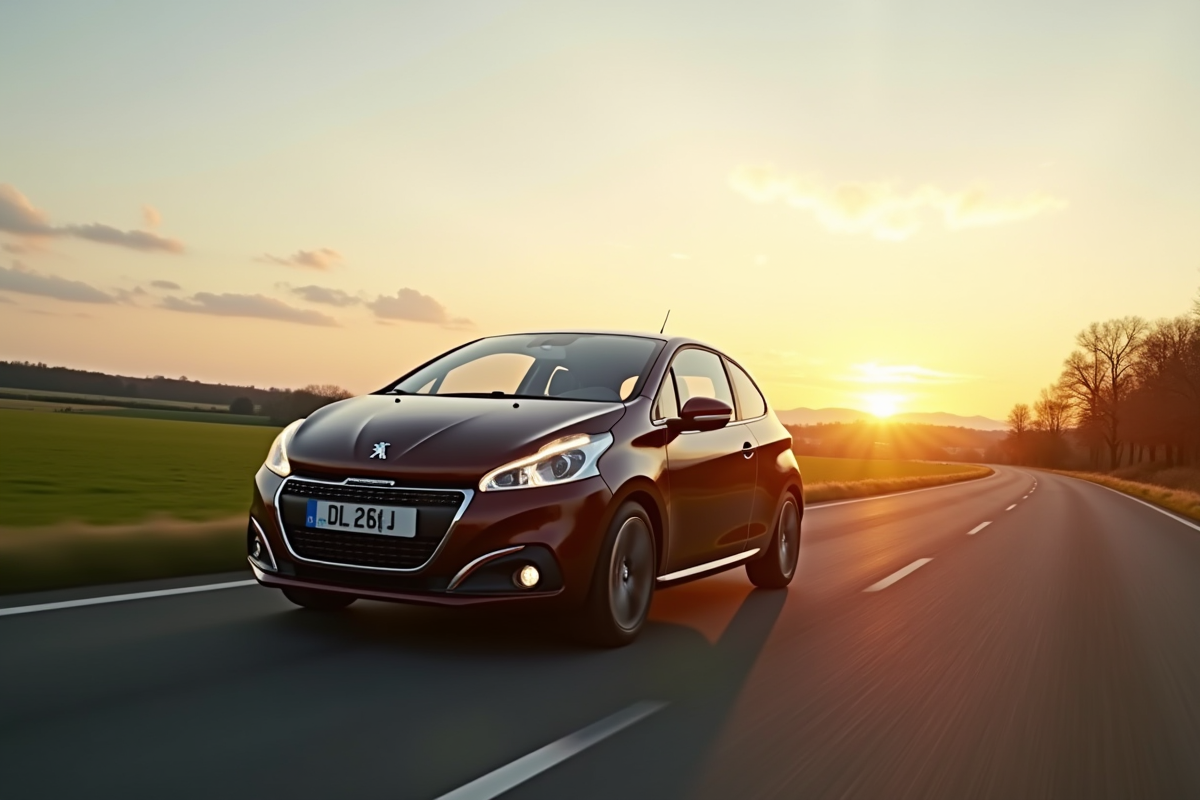 Peugeot 208 roulant à la campagne au coucher du soleil
