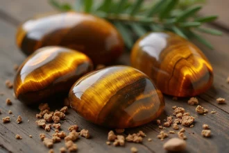 Pierres oeil du tigre brutes et polies posées sur du bois, mettant en valeur leur chatoyance dorée et leur texture soyeuse
