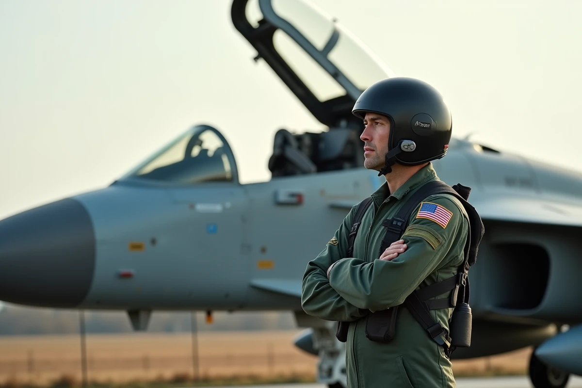 Pilote de chasse français en combinaison de vol devant le cockpit d'un Mirage 2000, regard pensif vers l'horizon sur une base aérienne