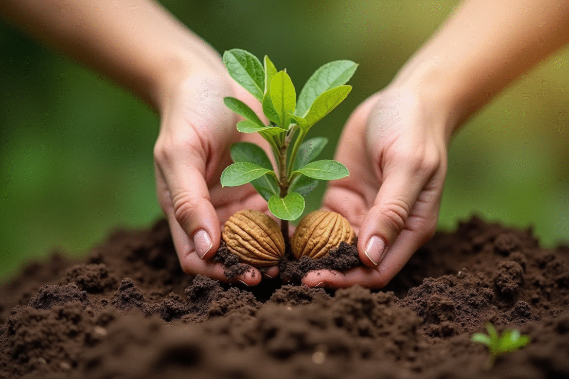 Mains plantant un jeune noyer dans la terre