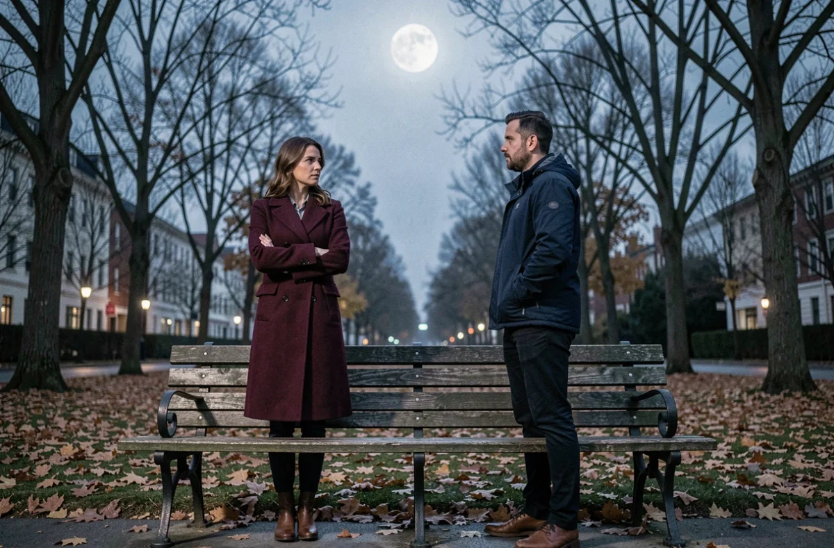 Couple en tension émotionnelle dans un parc sous la pleine lune de novembre, symbolisant les effets astrologiques sur les relations amoureuses
