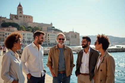 Groupe de personnes de différentes origines réunies sur le Vieux-Port de Marseille, illustrant la diversité de la population marseillaise en 2026