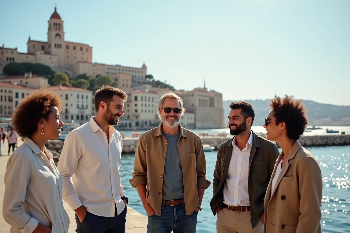 Groupe de personnes de différentes origines réunies sur le Vieux-Port de Marseille, illustrant la diversité de la population marseillaise en 2026