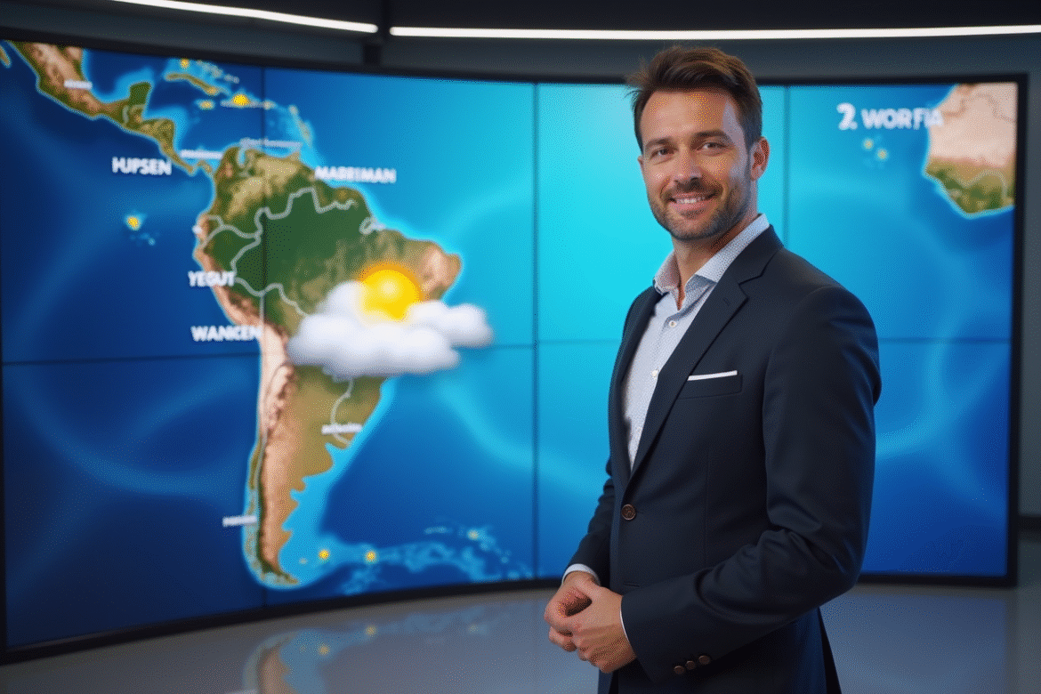 Présentatrice météo argentine souriante en studio moderne
