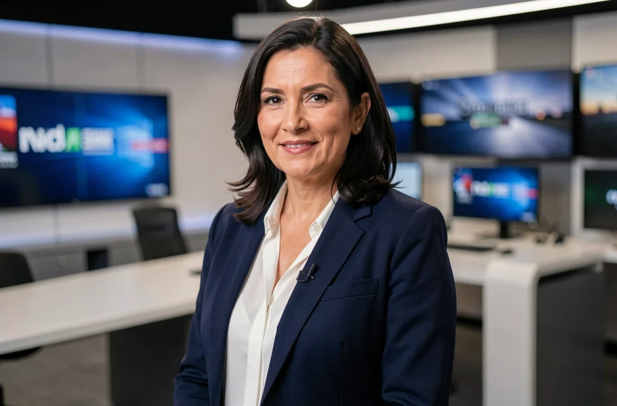 Présentatrice télévision souriante sur un plateau de France 2 en blazer marine