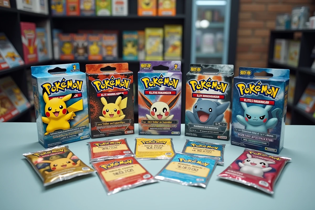 Collection de produits Pokémon avec étiquettes de prix comparatifs posés sur un comptoir de boutique spécialisée
