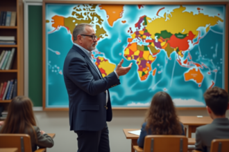 Professeur de géographie expliquant la carte du monde aux élèves