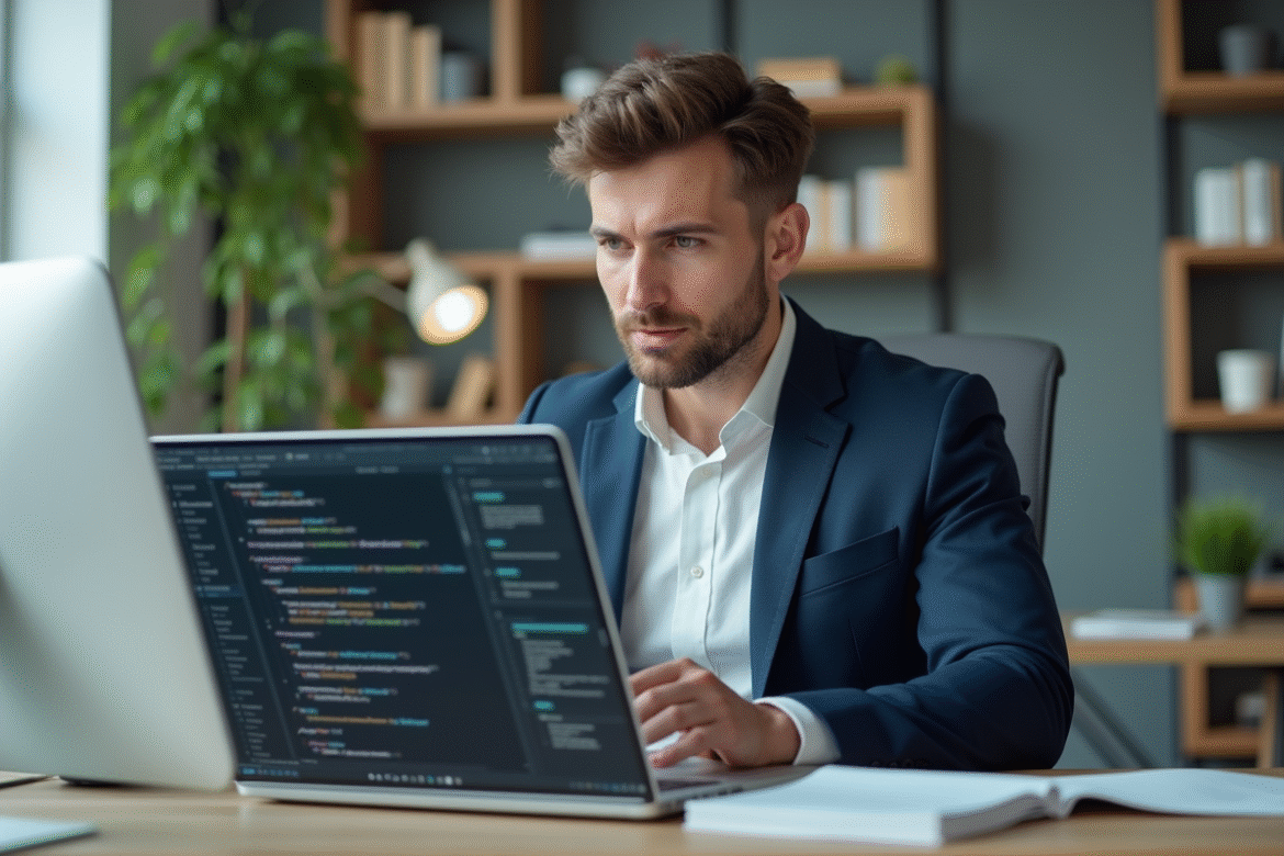 Jeune homme en costume travaillant sur un ordinateur dans un bureau moderne