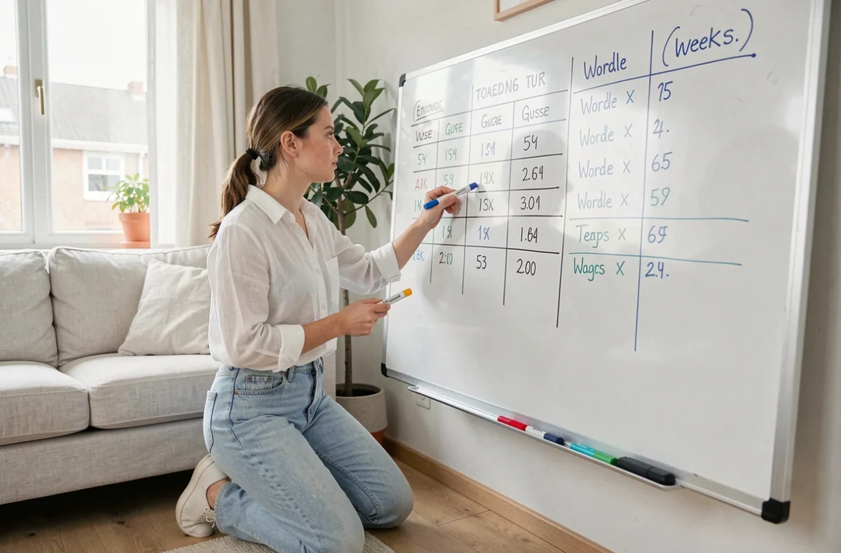 Jeune femme analysant ses progrès au jeu Wordle sur un tableau blanc dans son salon