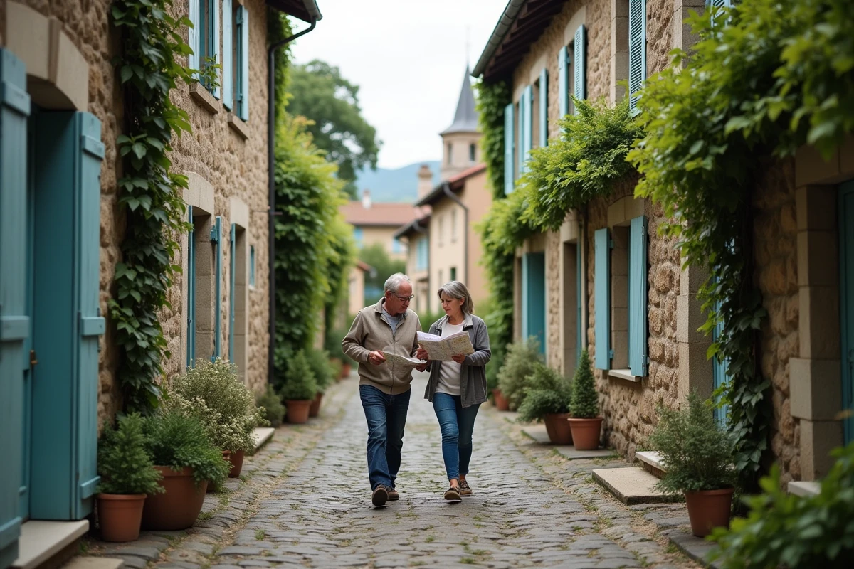 Couple se promenant dans une ruelle pavée d'un hameau de Monlezun lors d'une visite de quartier avant achat