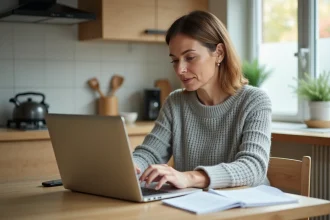 Femme consultant un annuaire inversé en ligne sur son ordinateur portable dans une cuisine moderne
