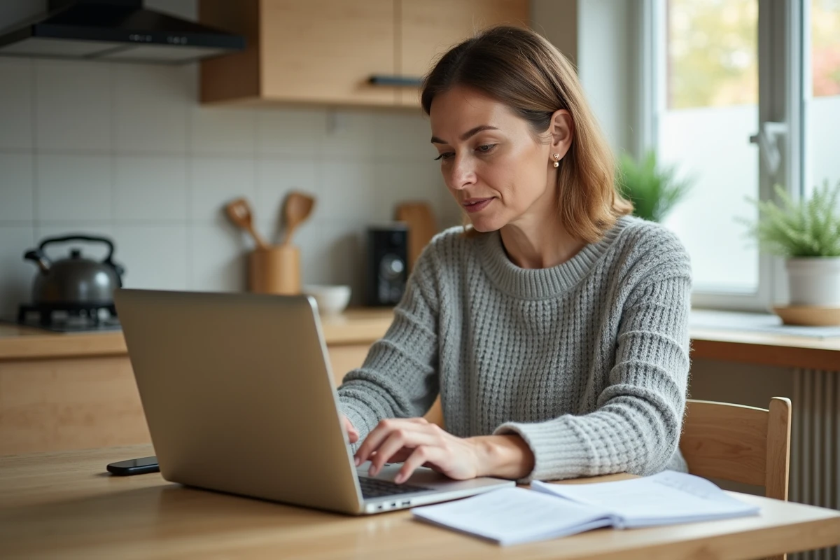 Femme consultant un annuaire inversé en ligne sur son ordinateur portable dans une cuisine moderne