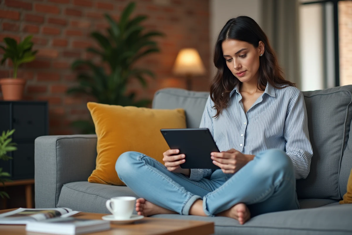 Jeune femme recherchant des informations sur un numéro inconnu via une application de recherche inversée sur tablette