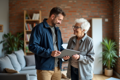 Professionnel rénovation discute isolation murale avec une retraitée