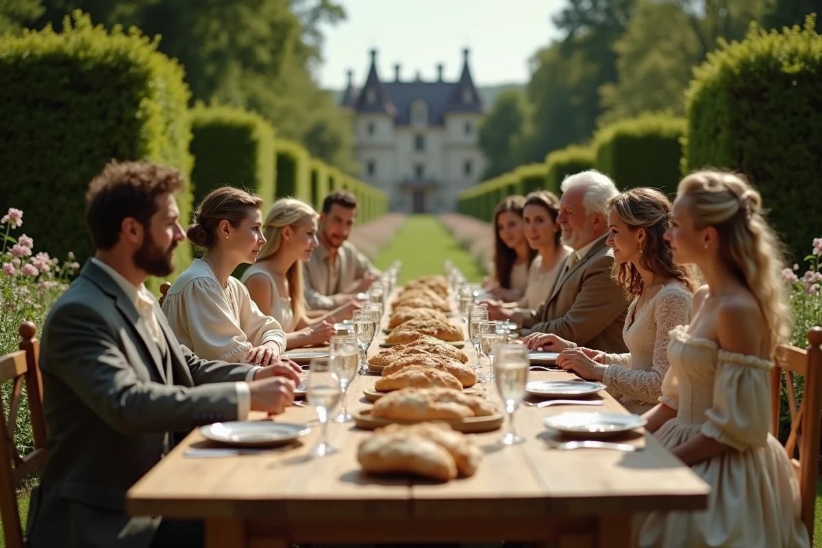 Groupe de personnes autour d une table dans un jardin historique