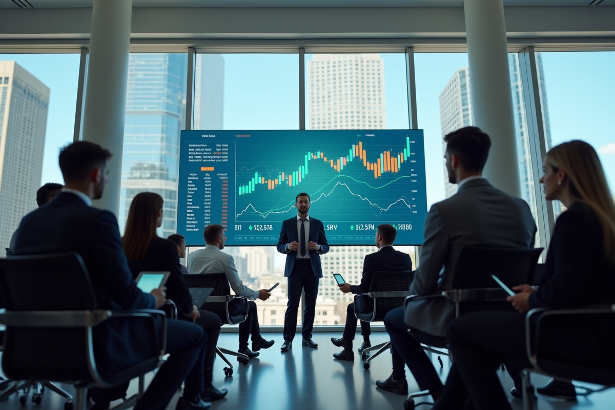 Professionnels discutant devant un tableau financier numérique