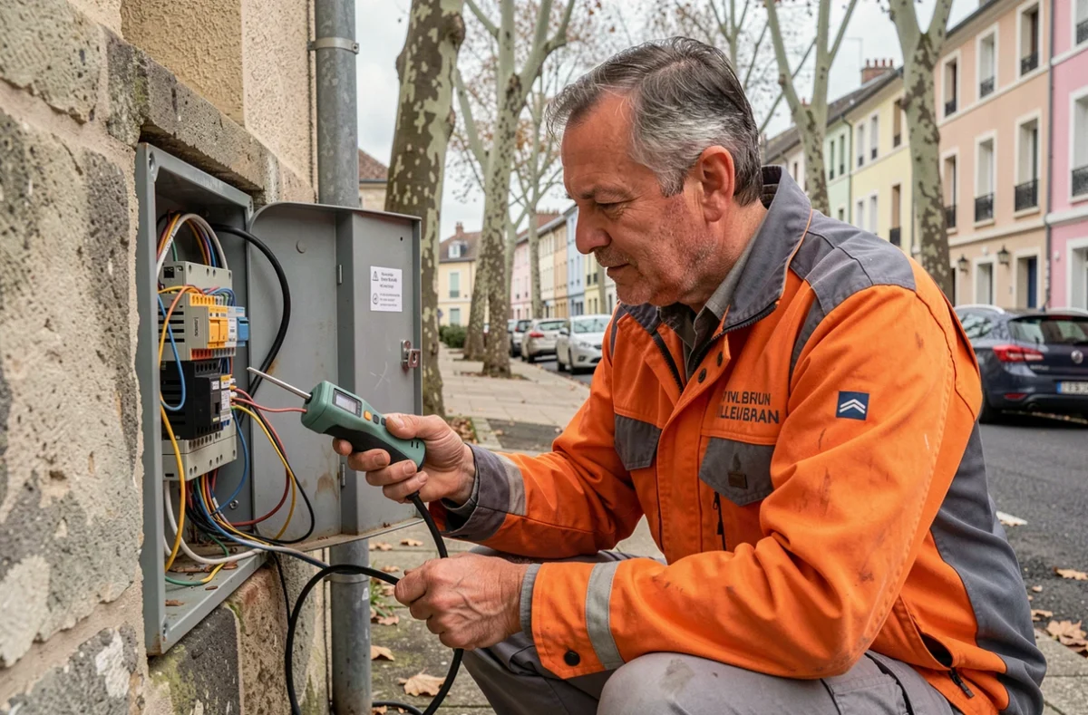Électricien Rhône Elec Services inspectant un boîtier de jonction extérieur sur une façade résidentielle à Villeurbanne